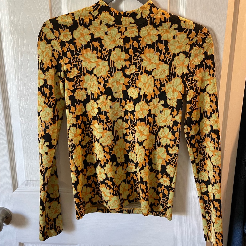 Zara Yellow and Black Floral Mock Neck Long Sleeve Top